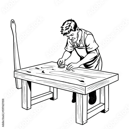 A woodworker sanding smooth edges on a pine table