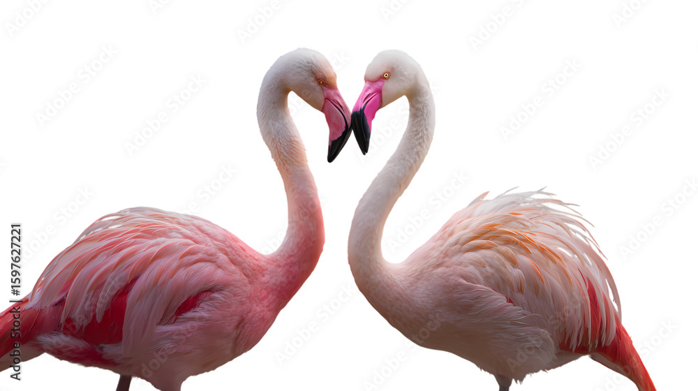 Obraz premium Two elegant pink flamingos forming a heart shape with their necks isolated on transparent background