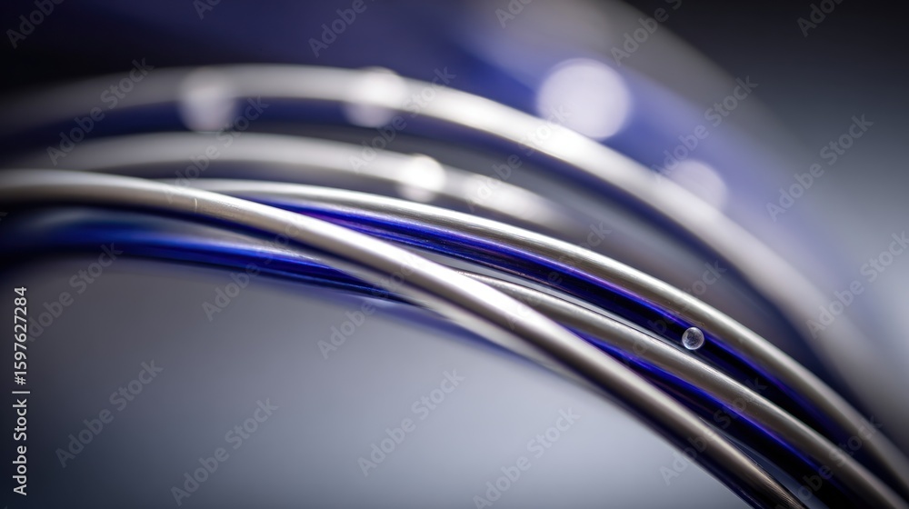Obraz premium Close-up of curved, metallic tubes with blue accents