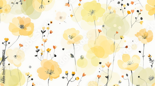 Watercolor floral pattern with yellow flowers and green leaves on white background