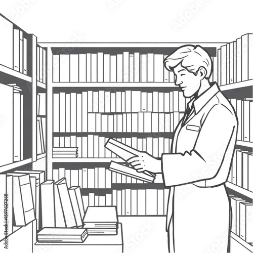 A librarian straightening book spines in the children’s section