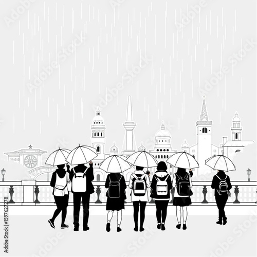 A tour group with umbrellas exploring city landmarks in gentle rain