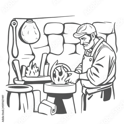 A craftsman forging a horseshoe in a blacksmith’s forge