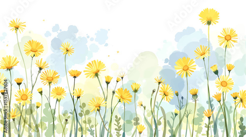 Watercolor floral pattern with yellow flowers and green leaves on white background