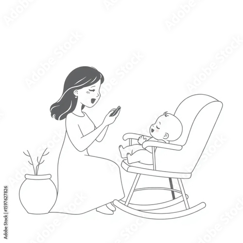 A mother singing softly to a baby in a rocking chair
