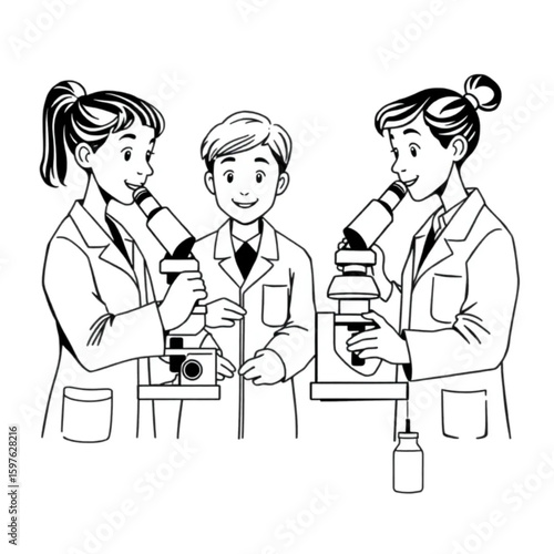 Students in science lab coats using microscopes together