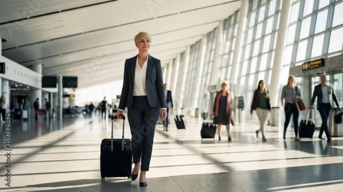 Woman in business attire walking through airport terminal with luggage
