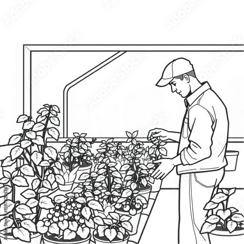 An urban gardener checking tomatoes in a rooftop greenhouse