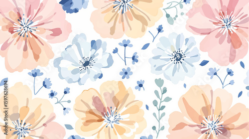 Watercolor background pattern blue and yellow minimal flowers on white background
