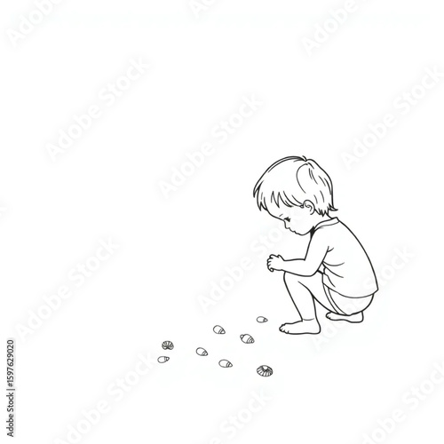 A child discovering seashells along the low-tide shore