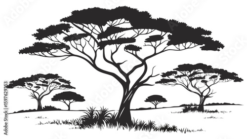 African savanna landscape silhouette with acacia trees vector illustration for nature designs and prints
