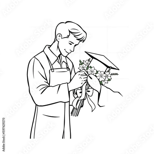A florist attaching a bow to a graduation bouquet by window light