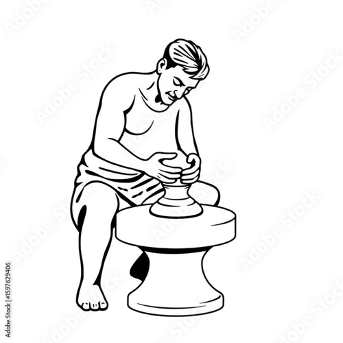 A sculptor shaping a figure from clay on a turning wheel