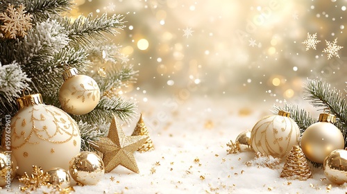 Festive christmas ornament arrangement featuring snowflakes and golden baubles against a bokeh background