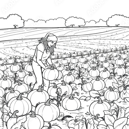 A parent and child picking pumpkins at a rural field in October