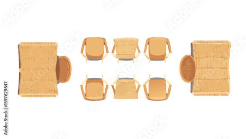 Dining room furniture set with wooden table and chairs top view for interior design and home decor ideas