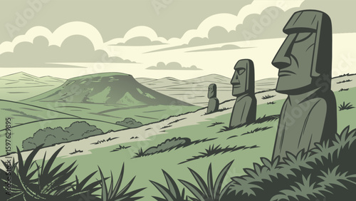 Explore easter island moai statues landscape vector illustration travel destination and tourism attraction
