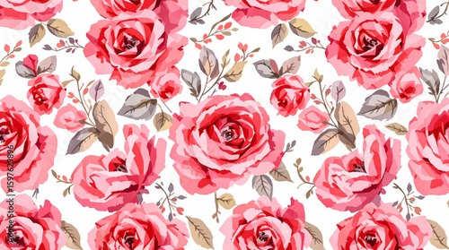 Watercolor background pattern Red rose flowers on white background
