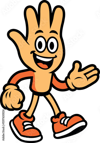 Hand Cartoon Walking and Welcoming: A cheerful and approachable cartoon hand figure strides forward, its expression welcoming and friendly, ready to greet and guide.