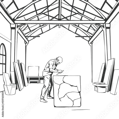 A sculptor chiseling marble in an airy warehouse studio