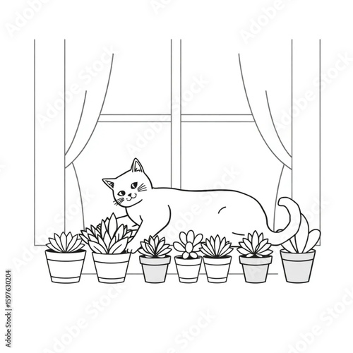 A cat stretching on a windowsill filled with potted succulents