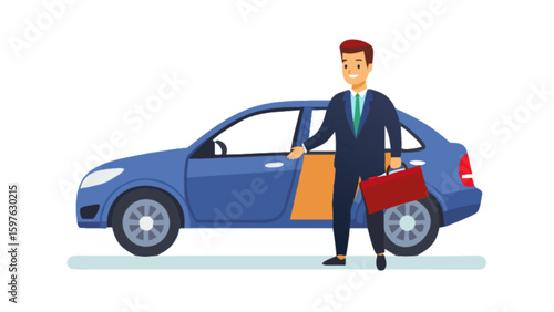 Businessman getting into car with briefcase illustration for transportation and business related concepts