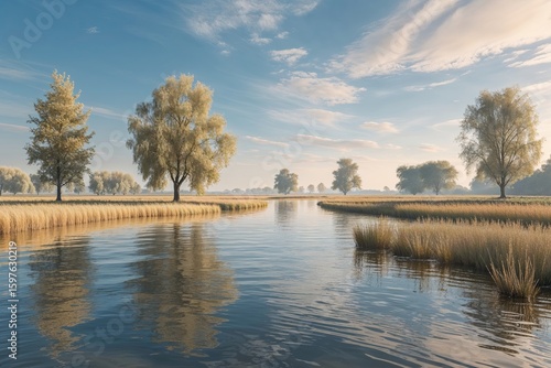 Serene Pastoral Landscape with Blue Skies and Soft Beige Hues