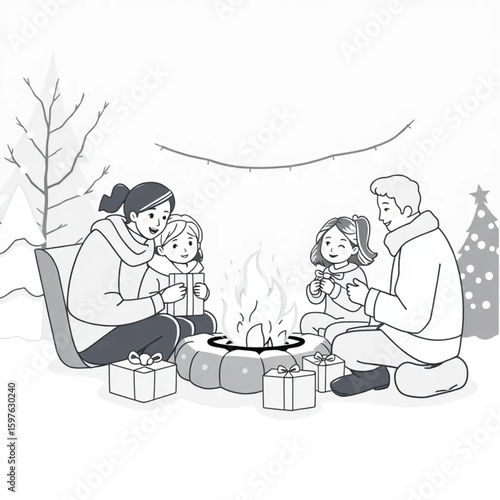 A family unwrapping presents by the fire on a snowy evening