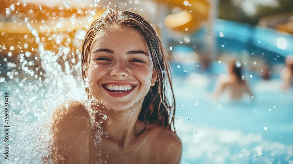 Obraz premium Happy young woman in bikini with rubber inflatable float, playing and having a good time at water fun park pool, on a summer hot day