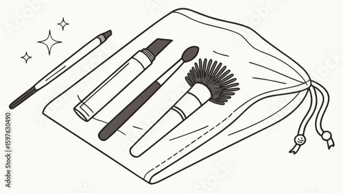 Makeup brushes set in a bag for beauty and personal care routine tools and accessories for cosmetics use