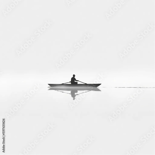 A rower gliding across glassy water in early morning mist
