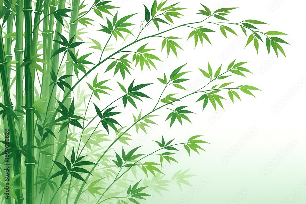 Fototapeta premium Green bamboo leaves and stems on white background with natural and calming Asian botanical theme