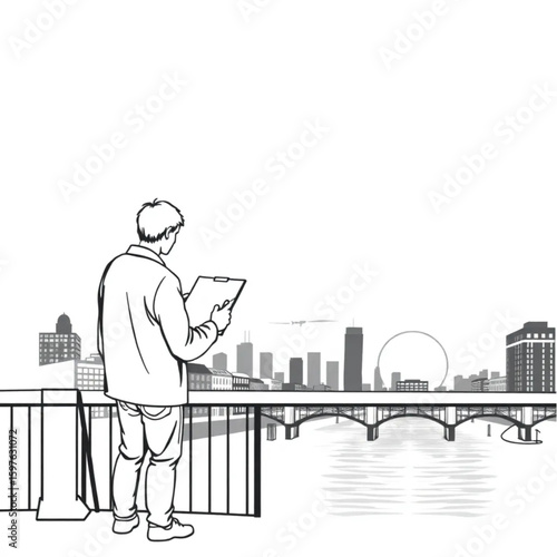 An artist sketching a city view while perched on a bridge at sunrise
