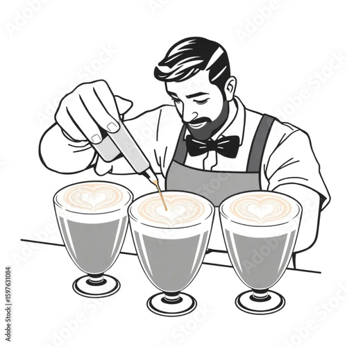 A barista decorating cappuccinos with heart-shaped latte art