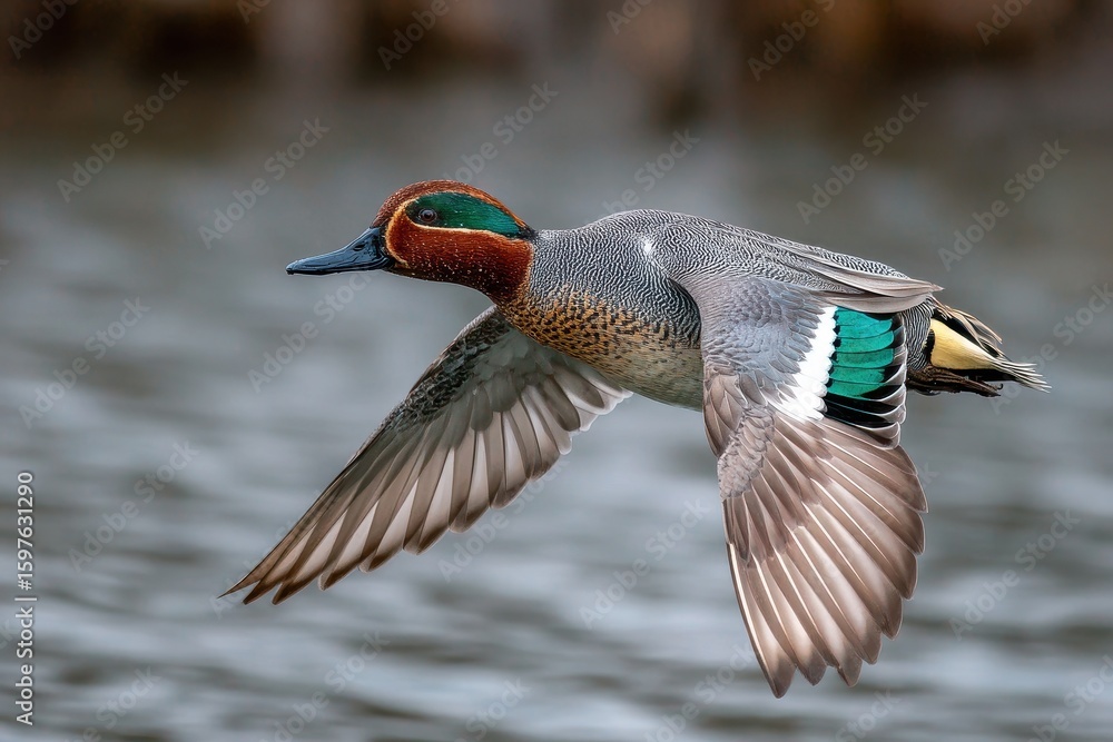 Obraz premium Teal Duck. Majestic Anas Platyrhynchos Bird Flying over Water