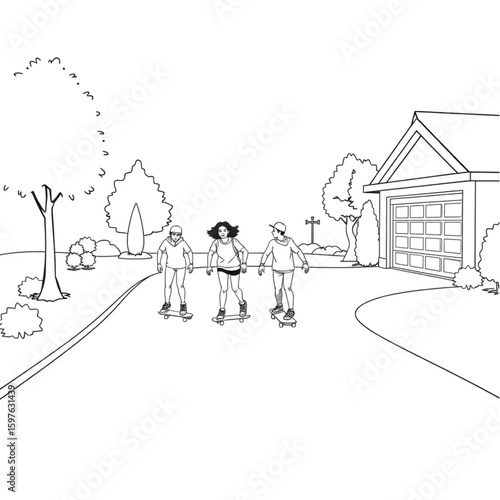 A group of teens riding skateboards down a newly paved driveway