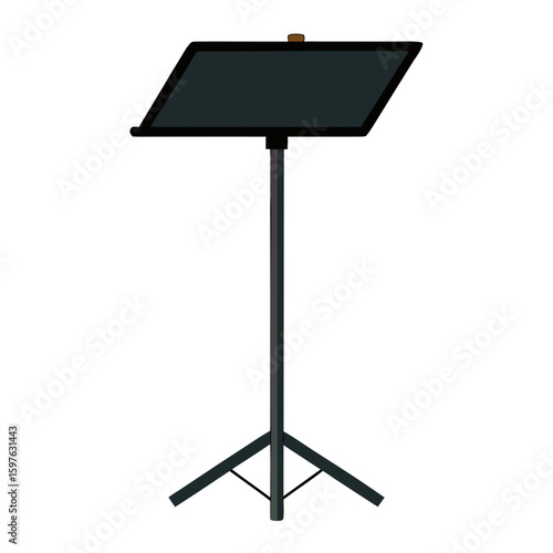 A black music stand with an adjustable tilted platform mounted on a tall vertical pole with a tripod base, designed for holding sheet music or books during performances or practice sessions.