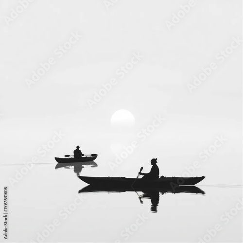 Kayakers paddling through fog on a tranquil lake at daybreak