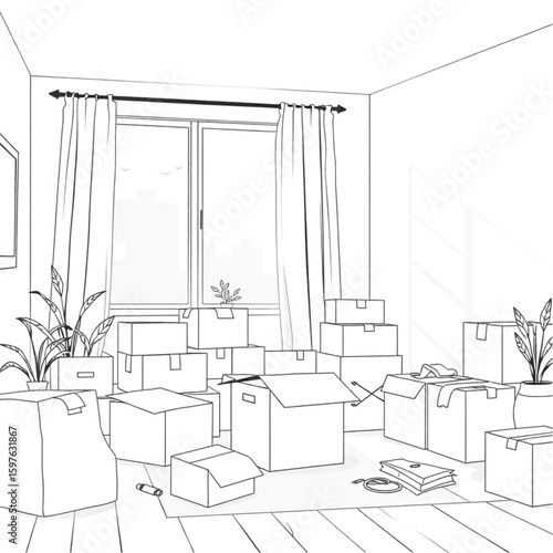 A new homeowner unpacking boxes surrounded by sunlit moving chaos