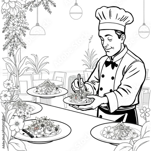 A chef garnishing plated salads with edible flowers at a garden restaurant