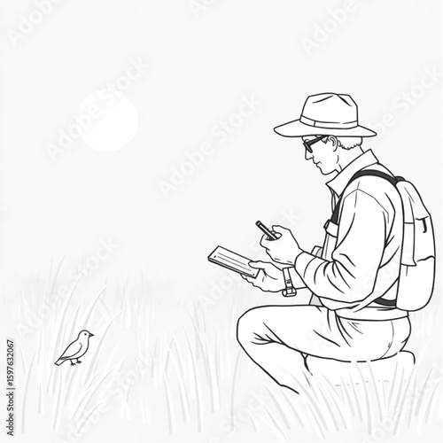 A wildlife researcher sketching bird species at dawn in a reserve