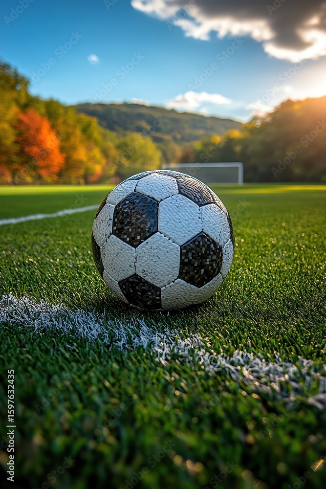 Fototapeta premium A classic black and white soccer ball on a lush green field, with the goal post in the background