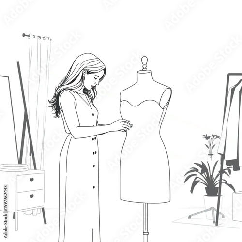 A fashion designer pinning fabric on a dress form in a sunlit studio