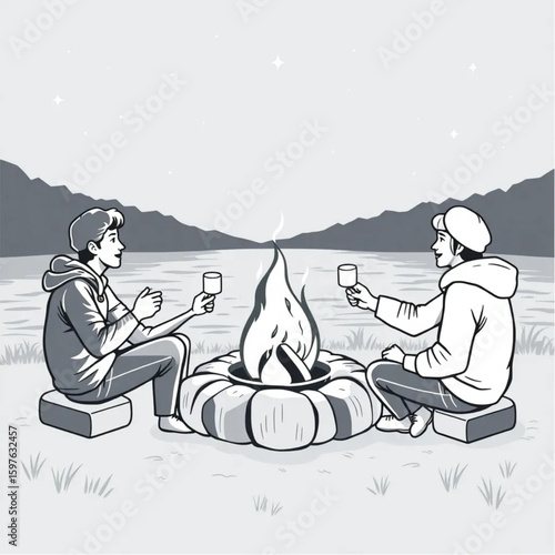 Friends toasting marshmallows around a lakeside campfire under the stars