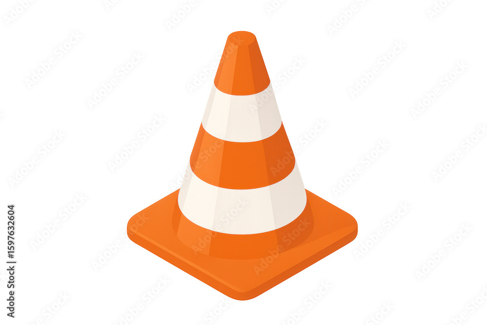 Orange and white traffic cone signaling safety warning, positioned at isometric angle against clear background, highlighting potential road hazard Orange and white traffic cone signaling safety warning, positioned at isometric angle against clear background, highlighting potential road hazard