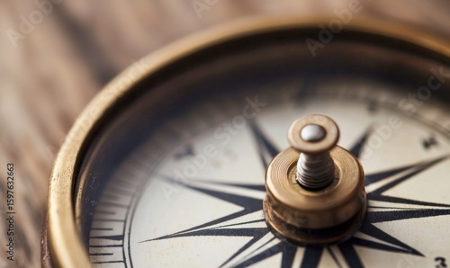 A close-up shot of a vintage brass compass with a detailed and aged appearance.