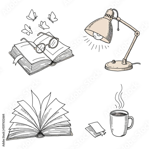 A whimsical sketch illustration features an open book with glasses and butterflies, a lamp, another open book, and a steaming cup of coffee, conveying a cozy and creative atmosphere.