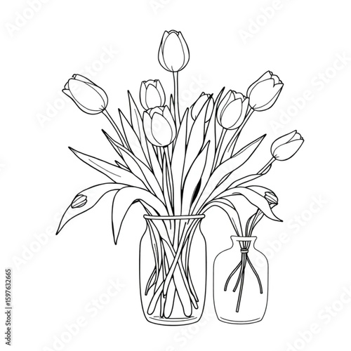 A florist arranging spring tulips in recycled glass vases