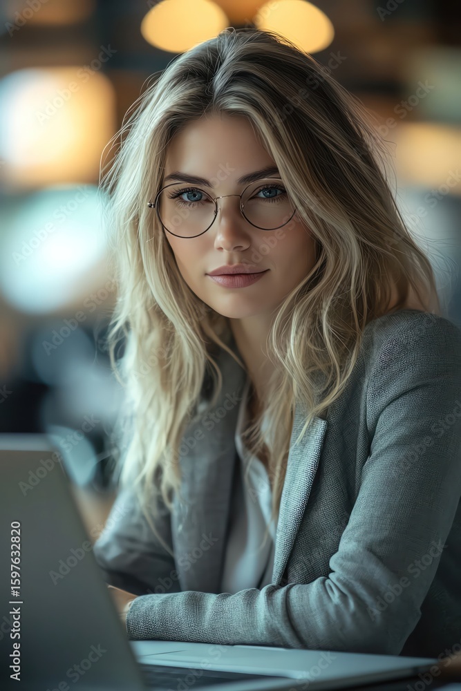 A focused businesswoman works diligently on a laptop, displaying professionalism and dedication in a corporate environment A focused businesswoman works diligently on a laptop, displaying professionalism and dedication in a corporate environment
