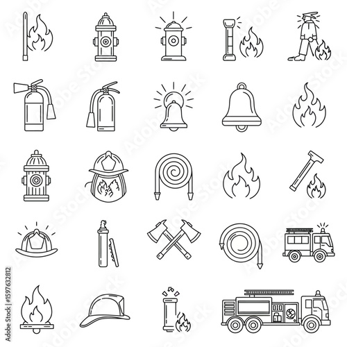 A set of detailed line art vector icons showcasing essential firefighting equipment, emergency tools, and fire safety elements.